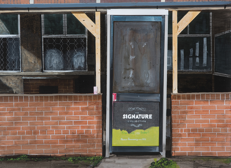 A waist high brick wall in front flats or houses - just off centre in the wall is a full size door with a panel on the bottom which says  The Signature Collection
