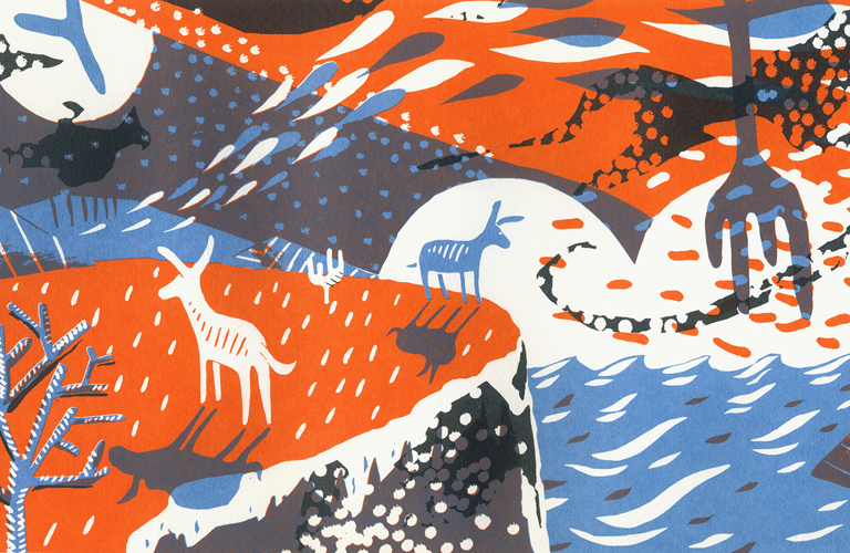 A colourful, abstract, screen print scene. The image features blues, greys and oranges. There are two donkeys stood on a cliff with the sea below, to the right. The sky is made up of swirls, raindrops and blocks of colour.