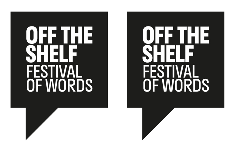 The image shows two square black speech bubbles with the words "Off The Shelf Festival of Words" written inside inside in a white font. 