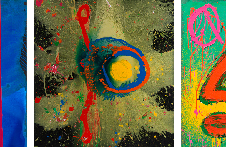 A composite image of three John Hoyland paintings. Left to right; River Tales, Survivor Man and Arvak. 

River Tales has a blue background. Three red stripes come vertically down the left side of the painting. Next to that is a wider, more irregular red stripe with black paint streaked through. Ovals of orange, yellow, navy and blue are next to it. Then there is a pink rectangle that extends vertically down the piece, with four green stripes going down it. 

Survivor Man (centre) has a black background with a large yellow splash extending out from the centre in all directions. Approx one third into the painting is a vertical red stripe. In the centre, there is a large blue circle, with a smaller yellow circle in the centre. An orange ring goes around the yellow circle. Small splashes of other bright colours are smattered around the rest of the canvas.

Arvak has a green background. There is a spray of yellow paint on the bottom left corner. At the top left, there is a pink circular design. Most of the canvas is dedicated to an orange triangle outline, with what looks like simplistic legs and feet extending from the bottom. There is a large patch of pink/red paint underneath the orange triangle. 