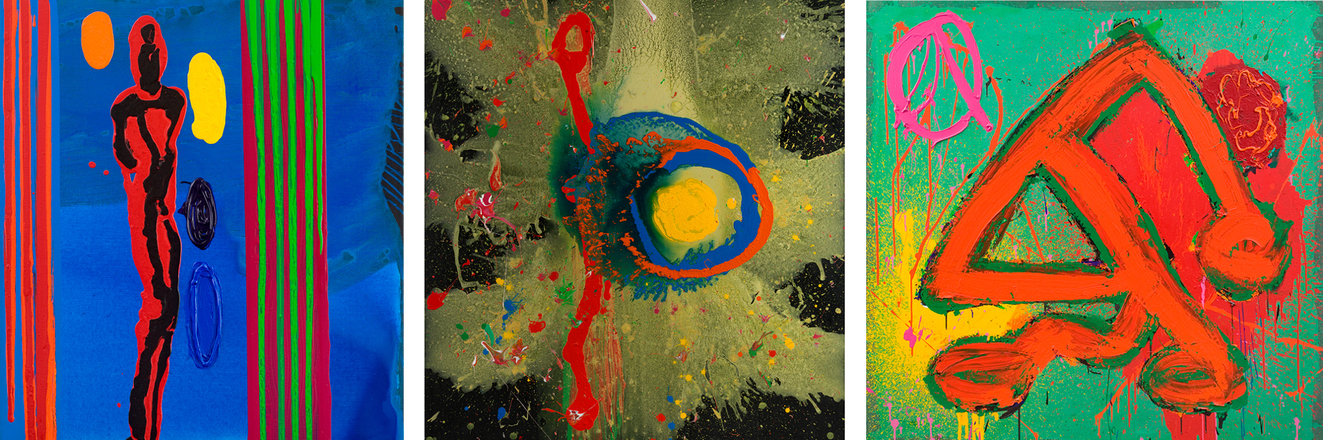 A composite image of three John Hoyland paintings. Left to right; River Tales, Survivor Man and Arvak. 

River Tales has a blue background. Three red stripes come vertically down the left side of the painting. Next to that is a wider, more irregular red stripe with black paint streaked through. Ovals of orange, yellow, navy and blue are next to it. Then there is a pink rectangle that extends vertically down the piece, with four green stripes going down it. 

Survivor Man (centre) has a black background with a large yellow splash extending out from the centre in all directions. Approx one third into the painting is a vertical red stripe. In the centre, there is a large blue circle, with a smaller yellow circle in the centre. An orange ring goes around the yellow circle. Small splashes of other bright colours are smattered around the rest of the canvas.

Arvak has a green background. There is a spray of yellow paint on the bottom left corner. At the top left, there is a pink circular design. Most of the canvas is dedicated to an orange triangle outline, with what looks like simplistic legs and feet extending from the bottom. There is a large patch of pink/red paint underneath the orange triangle. 