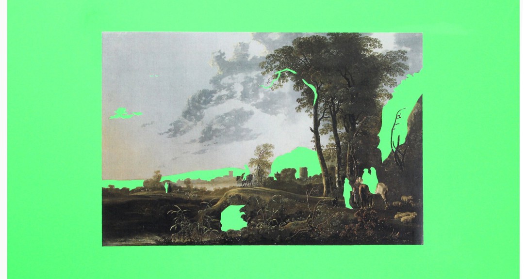 A traditional landscape painting with trees, figures on horseback and grey skies. There is a large tree to the right. The image has been digitally altered and features bright green accents. There is a bright green mount framing the landscape.