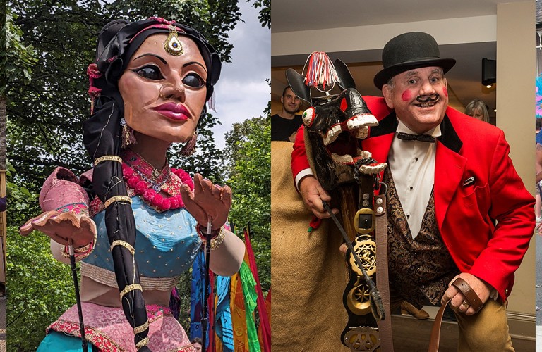 A composite of four different photographs. Left to right. There is photo of a person sat on a horse but they are obscured by brightly coloured flowers. Then there is a paper mache sculpture of a woman. Then there is man dressed in a red jacket, black bowler hat and a drawn on curly moustache. Finally, there is an image of people dancing and walking through a street dressed in carnival wear.
