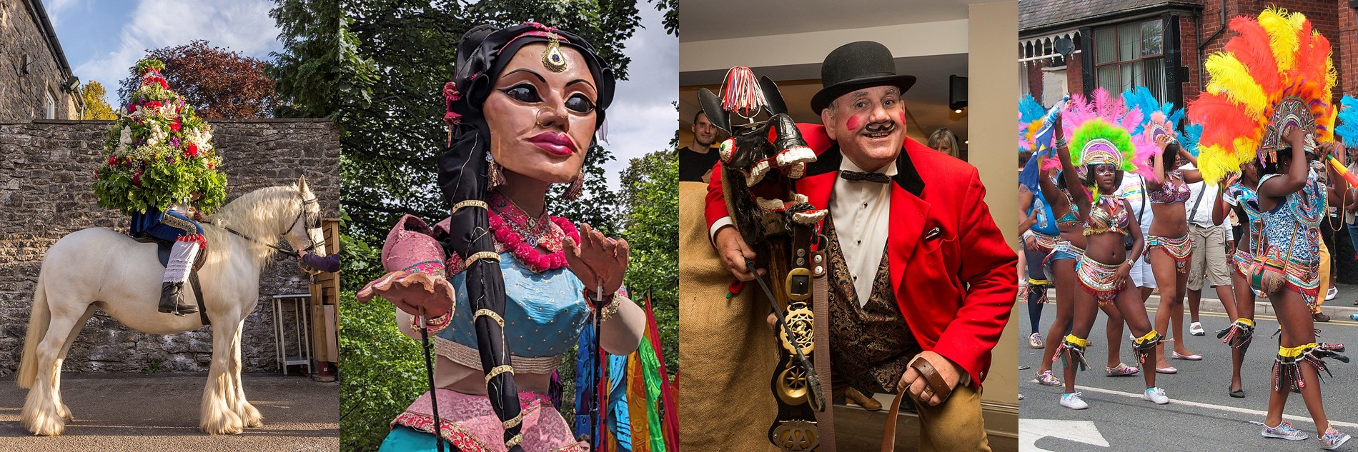 A composite of four different photographs. Left to right. There is photo of a person sat on a horse but they are obscured by brightly coloured flowers. Then there is a paper mache sculpture of a woman. Then there is man dressed in a red jacket, black bowler hat and a drawn on curly moustache. Finally, there is an image of people dancing and walking through a street dressed in carnival wear.