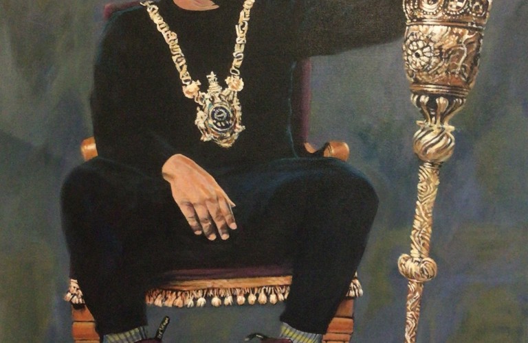 A painting of an adult sitting on a chair wearing a gold chain and holding a large gold sceptre. 