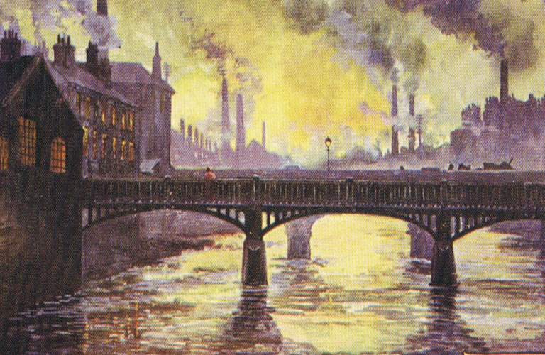 A painting of a wooden bridge over water, with building and chimneys in the background. The sky is a yellowy blue, with smoke billowing from the chimneys.  