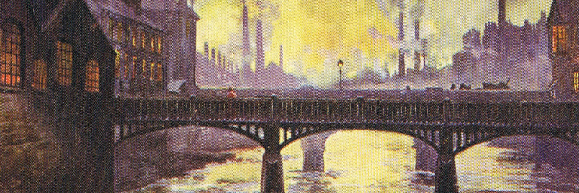 A painting of a wooden bridge over water, with building and chimneys in the background. The sky is a yellowy blue, with smoke billowing from the chimneys.  