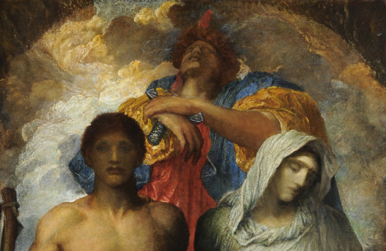 A photograph of George Frederick Watts painting Time Death and Judgement. A young nude male stands on the left of the frame, symbolizing time. A woman shrouded in white stands to the right of the frame, symbolizing death. An older male robed in yellow, red and blue stands above them, representing judgement. In the background, the artist has painted swirling clouds. 