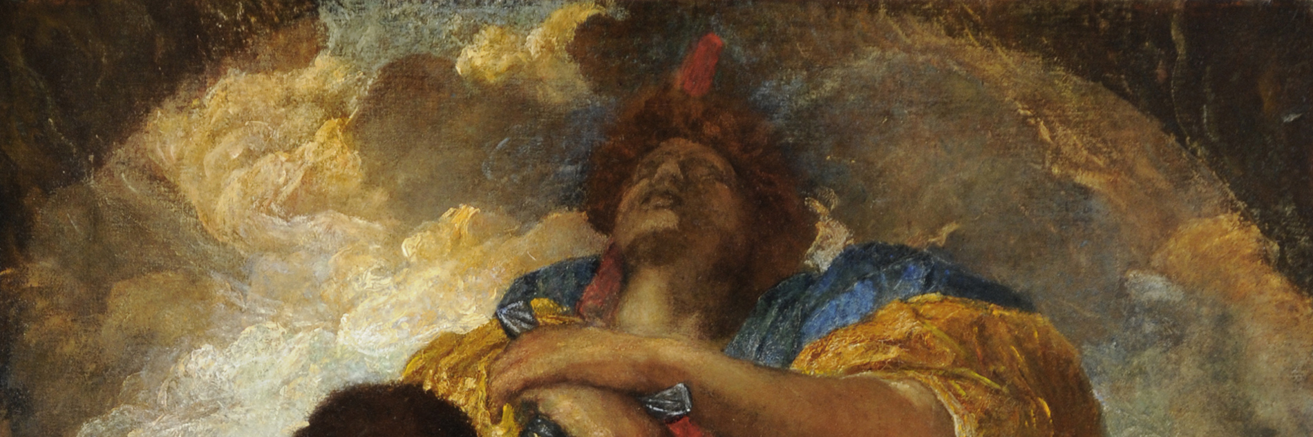 A photograph of George Frederick Watts painting Time Death and Judgement. A young nude male stands on the left of the frame, symbolizing time. A woman shrouded in white stands to the right of the frame, symbolizing death. An older male robed in yellow, red and blue stands above them, representing judgement. In the background, the artist has painted swirling clouds. 