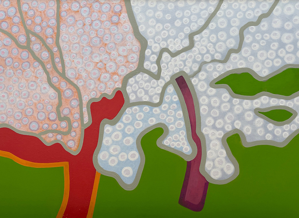 A photograph of Derrick Greaves' 2020 work Blossom (Two Trees). The painting has a bright green background and depicts two trees side by side. On the left of the image, a pink blossom tree with a red trunk is depicted in bold lines. The trunk has an orange outline. On the right, there is a white blossom tree with a purple trunk. It has a darker purple outline. A collection of small white circles represent the individual blossoms on both trees. 