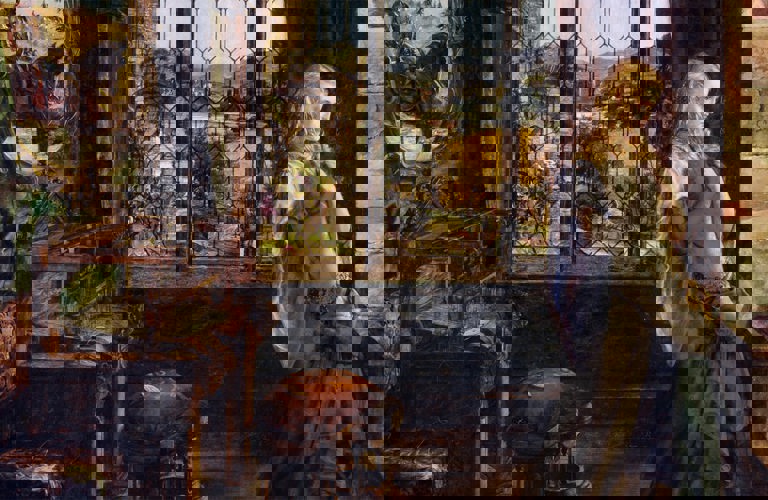 A cropped image of William Maw Egley's painting The Lady of Shalott. It shows a woman with long, blonde hair standing inside on a wooden floor. She wears a golden gown and holds her hands to her heart. A loom is depicted behind her, and a knight on horseback is shown reflected in a mirror, though he is outside. 