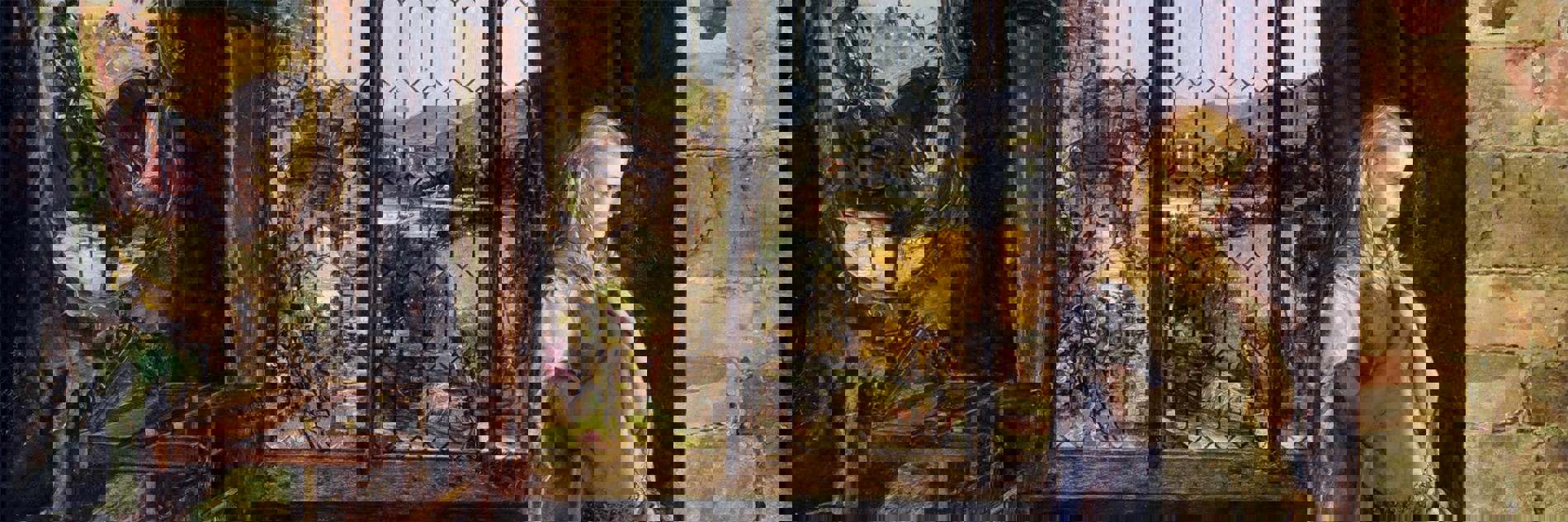 A cropped image of William Maw Egley's painting The Lady of Shalott. It shows a woman with long, blonde hair standing inside on a wooden floor. She wears a golden gown and holds her hands to her heart. A loom is depicted behind her, and a knight on horseback is shown reflected in a mirror, though he is outside. 