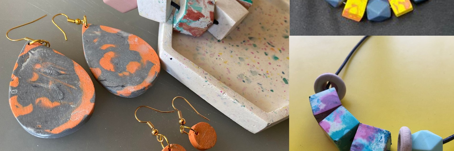 Three photographs of jesmonite crafts arranged in a collage. On the left side, there is one image showing a white jesmonite jewellery tray speckled with other colours, one pair of large orange earrings, and a smaller pair of orange earrings. Top right shows a necklace with chunky yellow and gray beads. Bottom right shows another beaded necklace, this time with chunky blue and purple marbled beads.