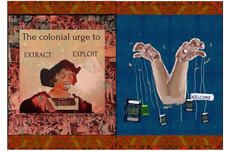 A photograph of two works. One shows a colonial era man with the words 'the colonial urge to extract exploit expel' above him. The other work shows two disembodied arms with passports dangling from strings attached to their fingers. 