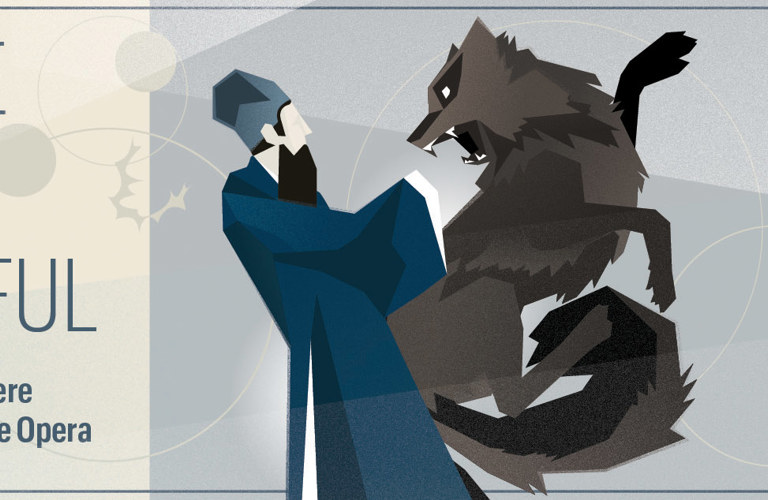 A promotional image for opera. The text 'The Fable of the Ungrateful Wolf' is displayed on the left of the graphic. In the middle, a man with a long brown beard and navy rob is shown tussling with a grey wolf that is baring its teeth. Cantonese symbols are shown on the right side. 