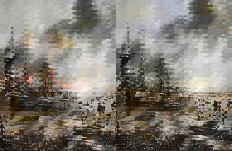 Aert van der Neer's painting Frozen River Scene. A large scale painting showing a community working around a frozen river. To the right of the image, we see a windmill, a church spire, and several residential buildings. The river sits in front of them, stretching across the entire foreground of the image. To the right of the frame, there is a boat pulled up on the bank, and lots of people playing on the ice. Some are ice skating, some seem to be using hockey sticks. Dark grey clouds fill the top of the frame, with patches of blue sky shining through. At the bottom of the image, and in the foreground, a row of chopped down trees and a wooden fence are depicted.