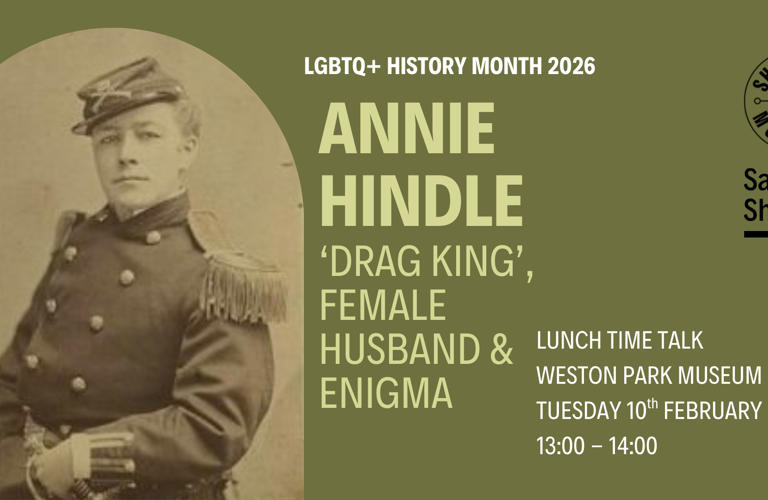 An olive green graphic with an old sepia toned photograph of a woman wearing a soldiers uniform on the left. On the right, in yellow text, it reads 'Annie Hindle, Drag king, female husband and enigma'. 