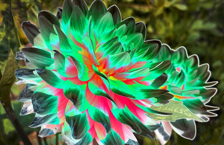 A luminescent photograph of a flower, with neon green and pink petals.