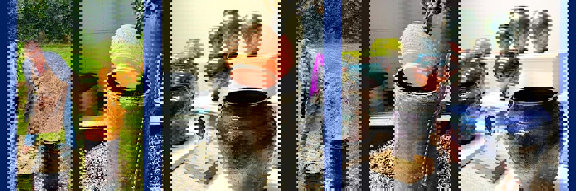 A composite of 3 images (L-R): An adult outside wearing protective clothing putting fuel on a fire; a pot being lifted with a utensil from a black container; glazed pots on plinths.  