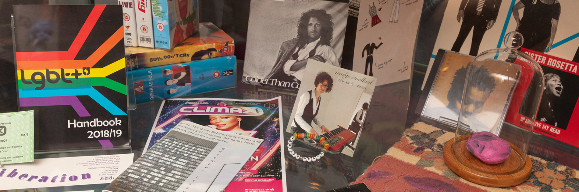 A display case holding a selection of LGBT+ handbooks, magazines, videos, LPs and CDs. There is a multicoloured bracelet and a bell jar with a bright pink box. 