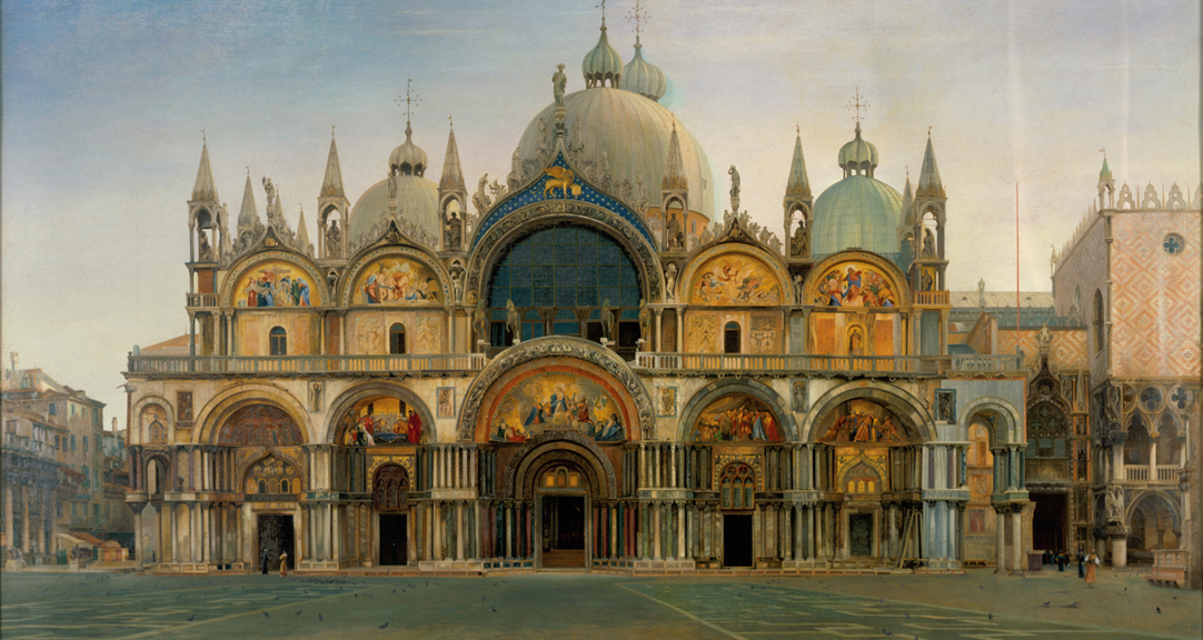 Oil on canvas painting of a grand building which has ornate Christian religious scenes depicted on its walls. 