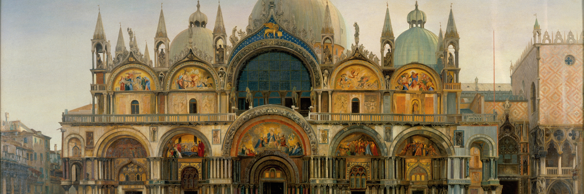 Oil on canvas painting of a grand building which has ornate Christian religious scenes depicted on its walls. 