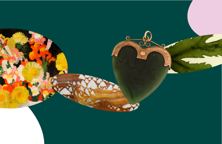 A collage of images including a colourful painting of flowers, a detail of pattern on a shell, a green heart shaped locket and a close-up of a leaf