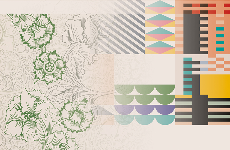 A digital collage on a cream coloured background. On the left is a flower pattern in green and grey lines. On the right is a composition of multicoloured geometric shapes.