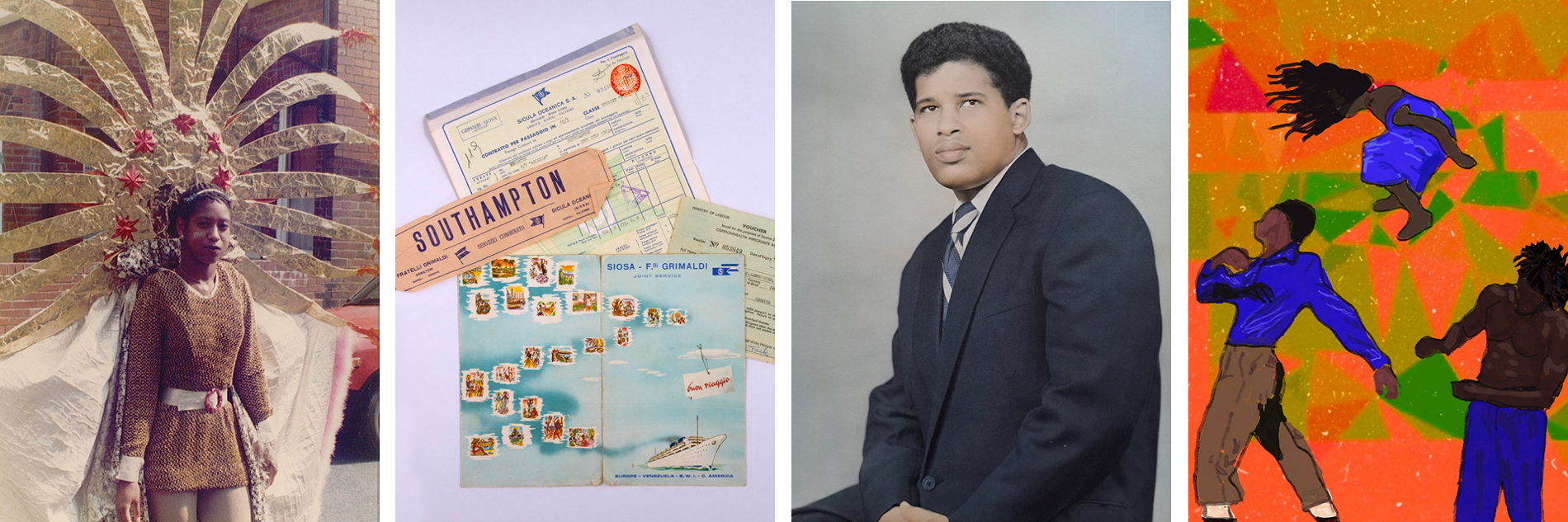 A composite image showing: A woman in a carnival costume including an ornate gold headdress; Travel documents relating to a journey from the Caribbean to the UK; A portrait of a man in a smart grey suit; A brightly coloured painting of three people doing energetic, dance-like movements.  