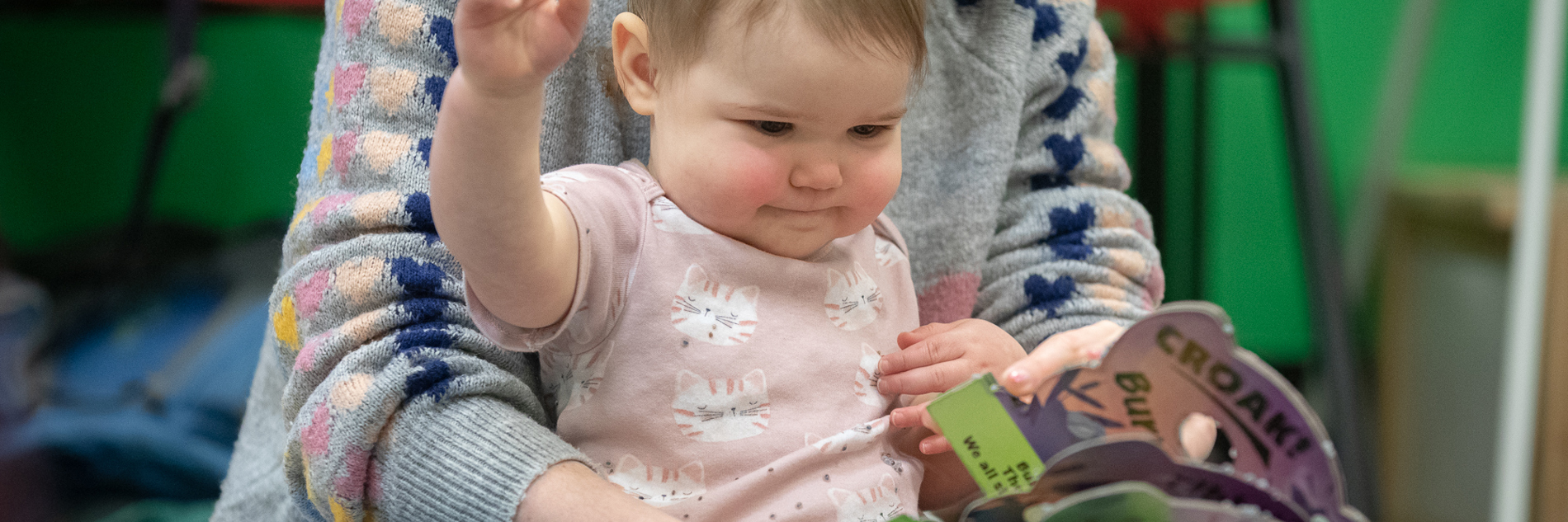 A photograph of a baby and an adult reading a book. 