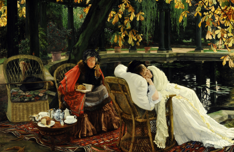 James Tissot's painting The Convalescent. Two women are painted besides a pond. The younger of the two is clothed in white and sleeping propped up in a wicker chair filled with plump white cushions. The older lady is watching her carefully from a neighboring chair, ignoring the book in her hand. There are tea and cakes laid out for them on a small table, also ignored. Autumnal, orange leaves hang from the top of the frame. 