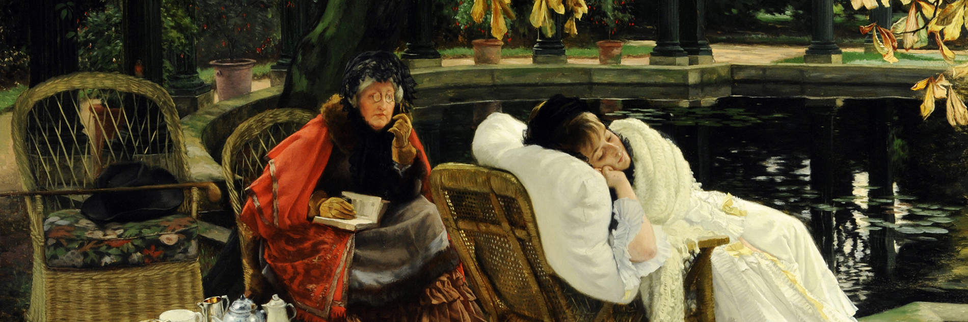 James Tissot's painting The Convalescent. Two women are painted besides a pond. The younger of the two is clothed in white and sleeping propped up in a wicker chair filled with plump white cushions. The older lady is watching her carefully from a neighboring chair, ignoring the book in her hand. There are tea and cakes laid out for them on a small table, also ignored. Autumnal, orange leaves hang from the top of the frame. 