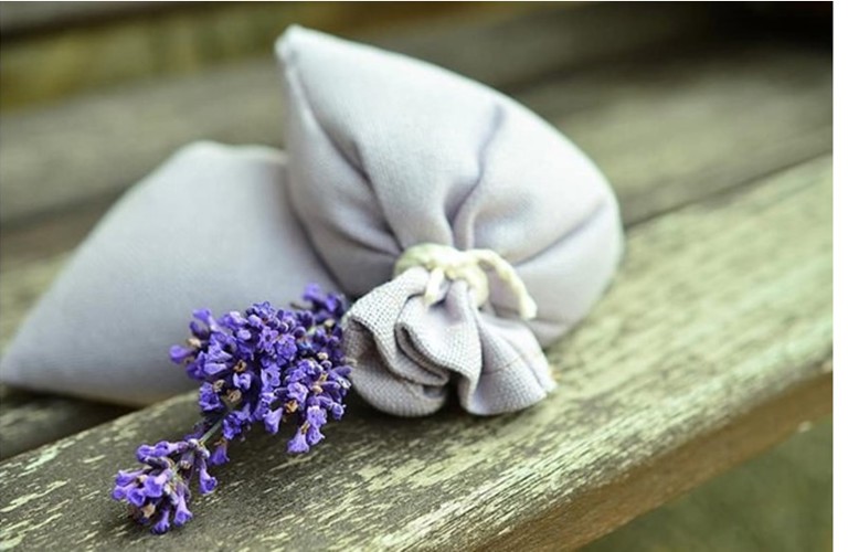 A photograph of two lavender bags with a sprig of lavender shown alongside it