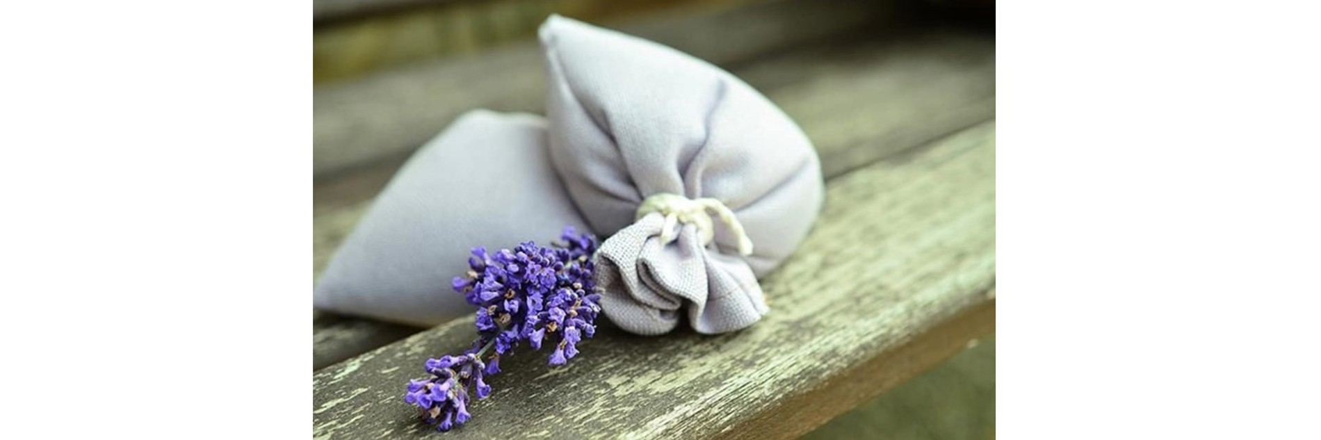 A photograph of two lavender bags with a sprig of lavender shown alongside it