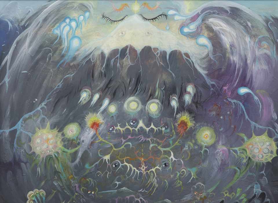 Abstract painting of black and blue waves. Above the waves is an sun-like image with closed eyes and eyebrows. On top of the waves there are several wavy lines in orange, green, blue and white and floral imagery.   