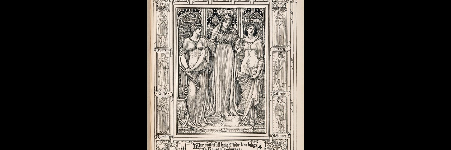 A photograph of a print. It depicts three women in flowing robes, with various virtues surrounding them.