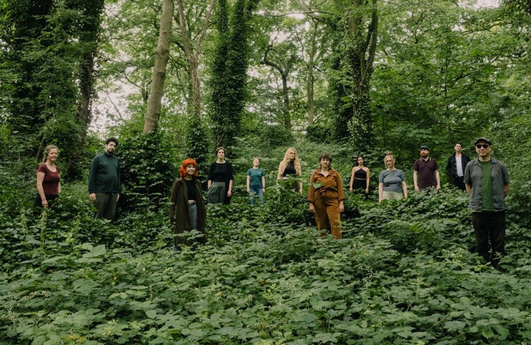 A photograph of twelve people stood in a forest, with the trees towering above them