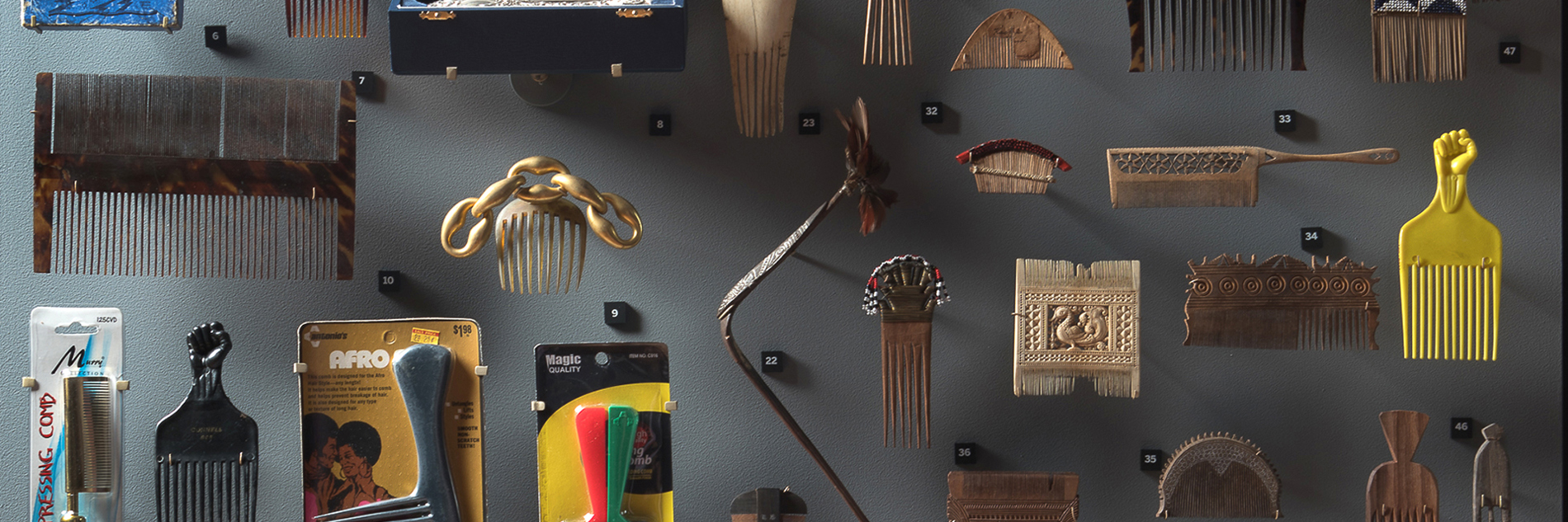 A photograph of numerous different styles of hair combs displayed on a wall. 