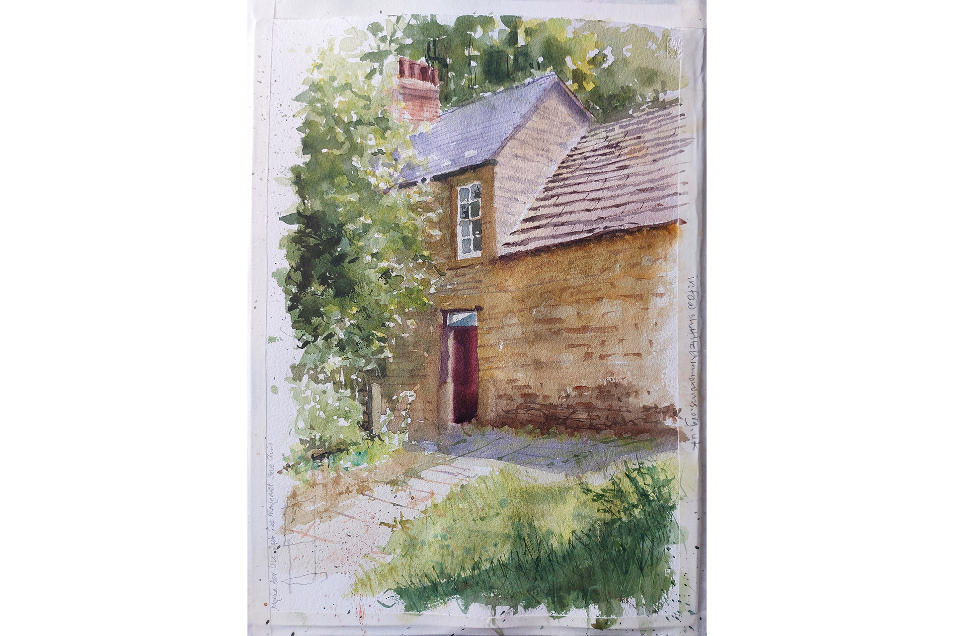 A watercolour painting of a historic stone building with trees and bushes in the foreground and background 