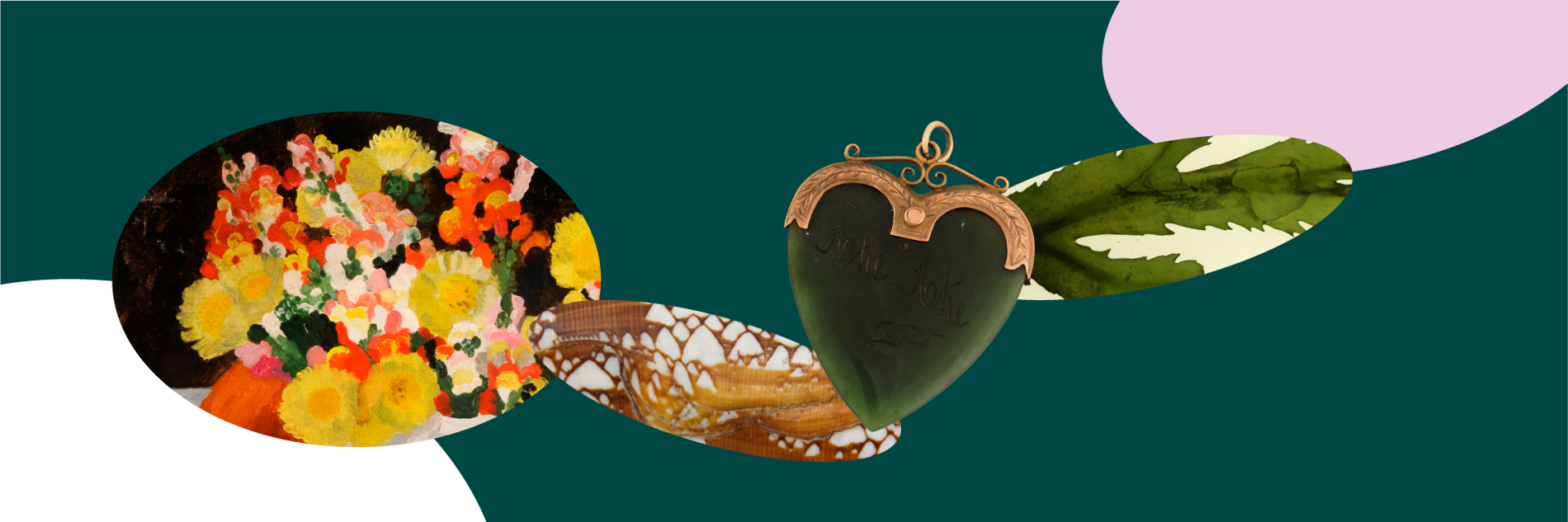 A collage of images including a colourful painting of flowers, a detail of pattern on a shell, a green heart shaped locket and a close-up of a leaf