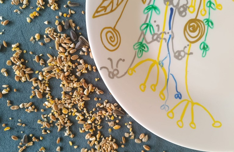 A decorated plate next to some bird seed. 