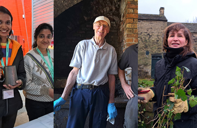 Four volunteers looking happy in different scenarios. Two women holding museum objects, metal tankers in a museum space, one man holding a paintbrush in front of a historic building, one woman gardening at a historic building.