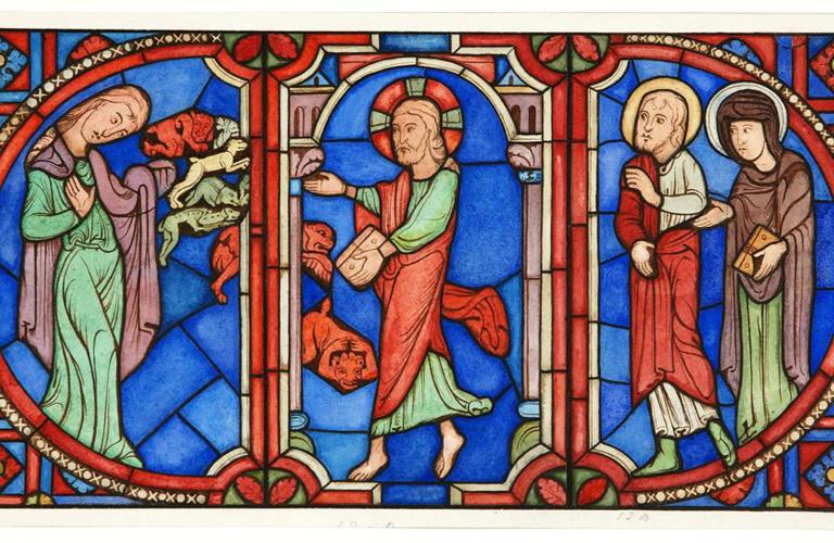 A watercolour study in blues, red and greens depicting a biblical scene featuring four figures surrounded by ornate decorative pattern.