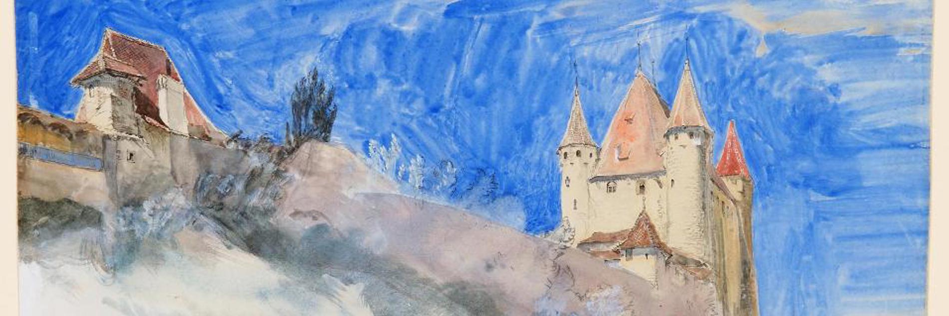 A painting showing two towers in the town of Thun. They are painted from below and sit a top a peak, looking over the town. the sky is a bright blue colour