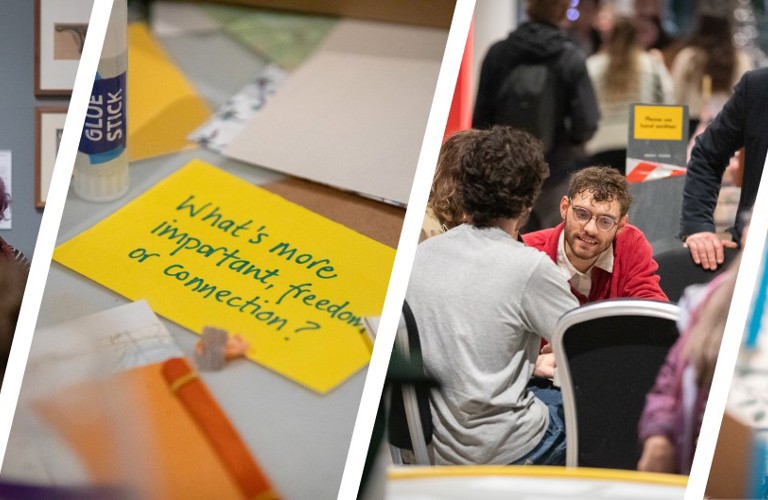 A graphic showing four different images. From left to right: the first shows a group of people sat in Graves Gallery mid-discussion. The second one shows a piece of paper on a cluttered desk with the words 'What's more important, freedom or connection?". The third shows another group of people mid-discussion. The last shows various small paper flags standing on a desk. The text on most is blurred, but one is in focus and reads 'at the edge of the ocean'.