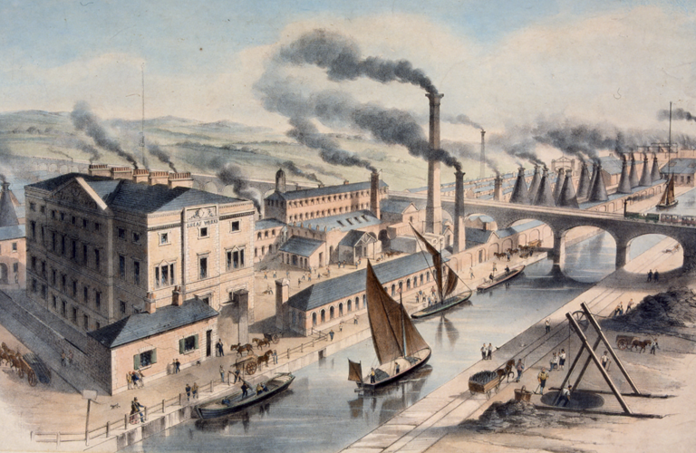 A painting showing boats on a river surrounded by factories. There are many chimneys and lots of smoke in the air. 