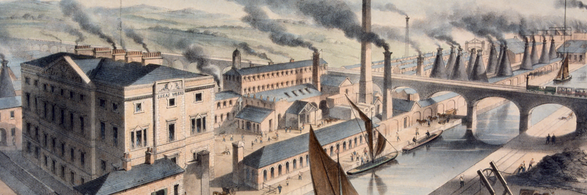 A painting showing boats on a river surrounded by factories. There are many chimneys and lots of smoke in the air. 